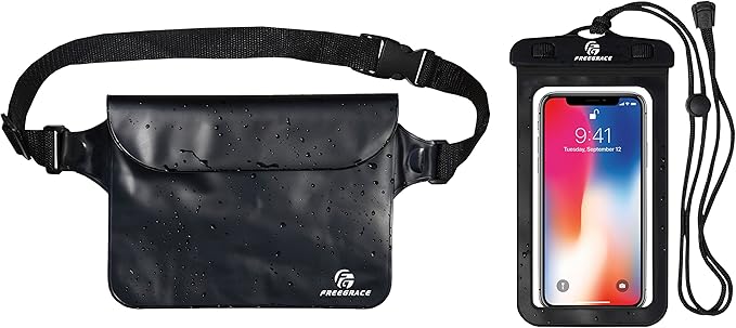 Freegrace Waterproof Pouches with Waist Strap / Pouch Case Bundle Set- Keep Your Phone & Valuables Dry and Safe - Waterproof Dry Bags for Boating Swimming Snorkeling Kayaking Beach Water Parks Pool