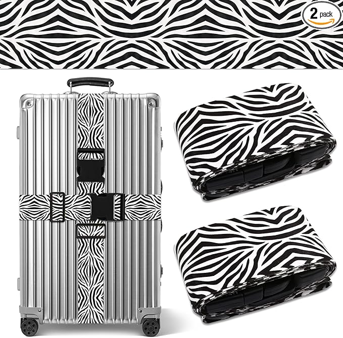 Zebra Luggage Straps for Suitcases TSA Approved, Luggage Identifiers for Suitcase, Adjustable Suitcase Strap for Baggage Security with Cute Patten, Travel Necessary Accessories (2Pack)