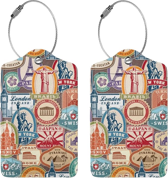 2 Pack Landmark Sticker Luggage Tags for Suitcases Women Men Kids, Bag Tags for Leather Luggage with Waterproof Suitcase Tags Privacy Cover Name ID Label Steel Loop for Travel Bag Suitcase