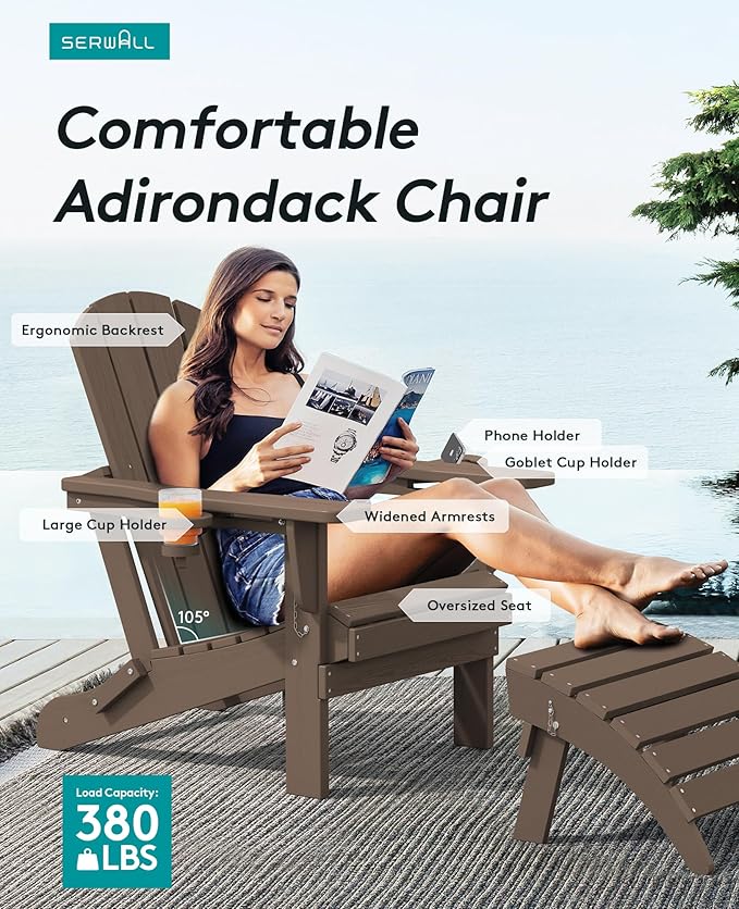 SERWALL Adirondack Chair with Cup Holders - Composite Adirondack Chairs Set of 6 HDPE Outdoor Chairs All Weather Use- Coffee