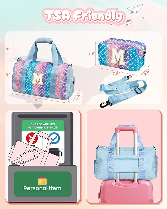 Girls Gifts 9-10 Year Old-Girl Gym Bag with Shoe Compartment, Kid Personalized Weekender Overnight Bags, Initial Travel Tote with Makeup Pouch, Kids Easter Gift (Letter V)