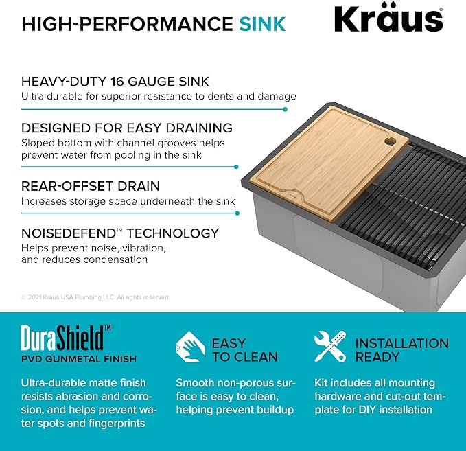 KRAUS Kore Workstation 27-inch Undermount 16 Gauge Black Stainless Kitchen Sink, Single Bowl Kitchen Sink in PVD Gunmetal Finish with Accessories, KWU110-27-PGM