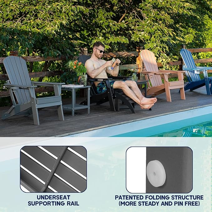 Folding Adirondack Chair - Extended Ergonomic Backrest, Cup Holder - Easy Assembly - Durable HDPE Plastic, Weather Resistant & Maintenance-Free - Lawn, Patio, Deck Supports 380lbs Green