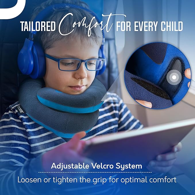 BCOZZY Kids Travel Neck Pillow (8-12 Y/O) – Patented Soft Child Pillow for Head & Chin Support in Car, Airplane, and Road Trip Sleeping. Adjustable Size. Carry Bag. Fully Washable. Medium, Light Blue