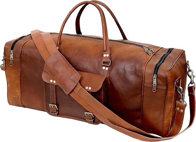 Leather 24 Inch Luggage Handmade Duffel Bag Carryall Weekender Travel Overnight Gym Sports Carry On Duffel Bag For Men And Women