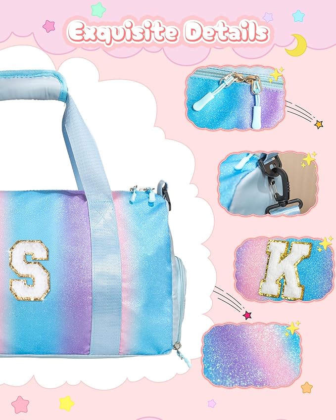 Dance Bag for Girls- Gym Bag with Shoe Compartment, Kid Personalized Weekender Overnight Bags, Initial Travel Tote with Makeup Pouch, Trendy Gift for Girls (Letter R)