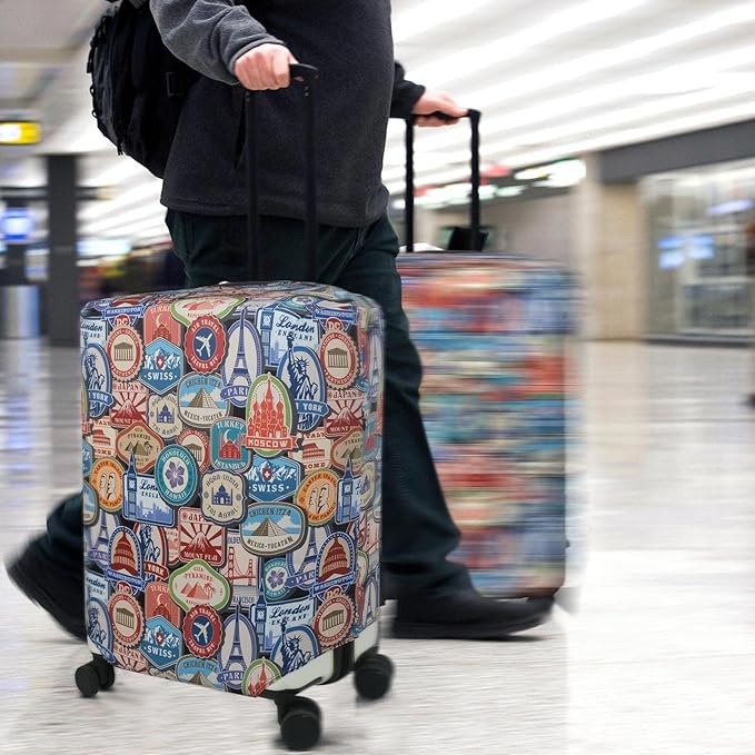 Explore Land Travel Luggage Cover Suitcase Protector Fits 23-26 Inch Case (Landmark Sticker, M)