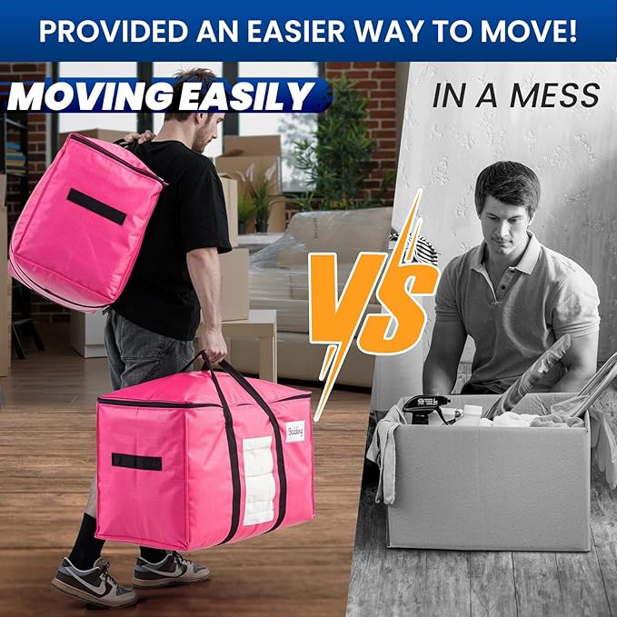 TAILI 10 Pack Pink Extra Large Moving Bags, Heavy Duty Totes with Visible Window, Wrap Around Handles, Ideal for Storage, Space-Saving