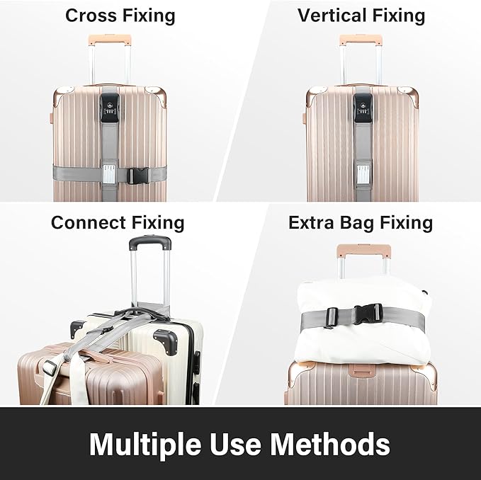 Luggage Straps, Grey TSA Approved Luggage Strap Belt with Combination Lock for Suitcases, 2 Pack Adjustable Heavy Duty Cross Suitcase Straps with Name Tags for Travel, Carry On Bags, Protect Luggage
