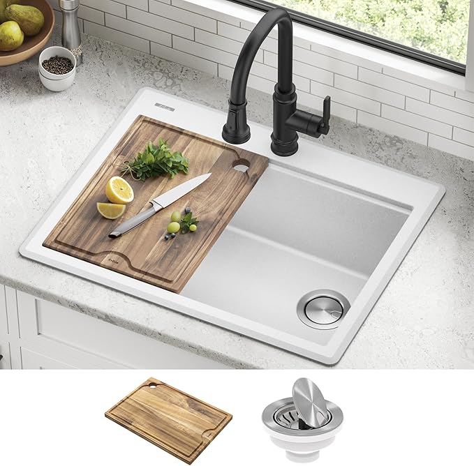 KRAUS Bellucci 28-inch Granite Workstation Drop In Top Mount Single Bowl Kitchen Sink in Metallic Black with Accessories, KGTW12-28MBL