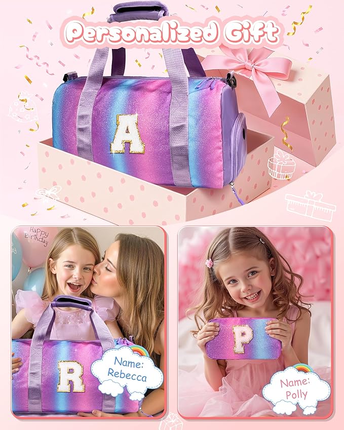Girls Trip Gifts for Kids-Girl Gym Bag with Shoe Compartment, Kid Personalized Weekender Overnight Bags, Initial Travel Tote with Makeup Pouch, Valentines Day Gift (Letter P)