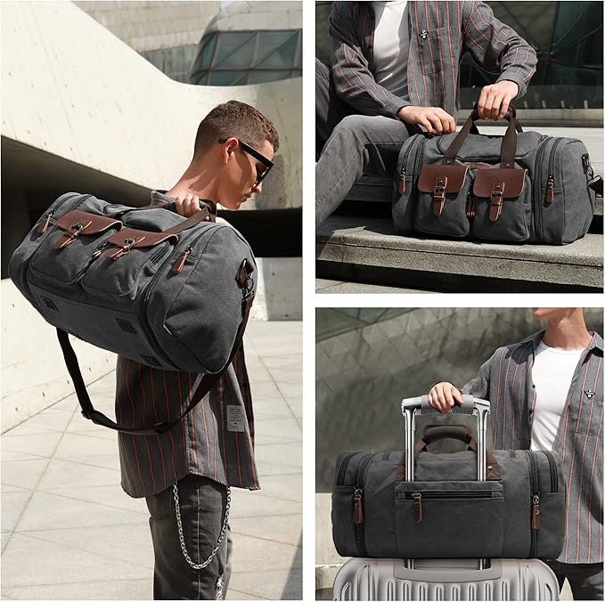 Wildroad 50L Travel Duffel Bag, Expandable Canvas Genuine Leather Duffle Bag Upgraded Overnight Weekender Carry on Bag