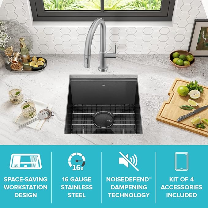 KRAUS Kore Workstation 17-inch Undermount 16 Gauge Black Stainless Kitchen Sink, Single Bowl Kitchen Sink in PVD Gunmetal Finish with Accessories, KWU1101-17-PGM