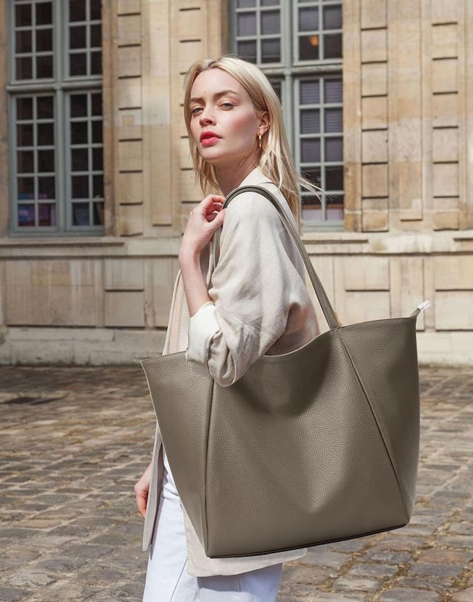 KALIDI Large Tote Bag Vegan Leather Casual Zipper Work Bag Weekender Hobo for Women 23L Oversize Shoulder Travel Purse