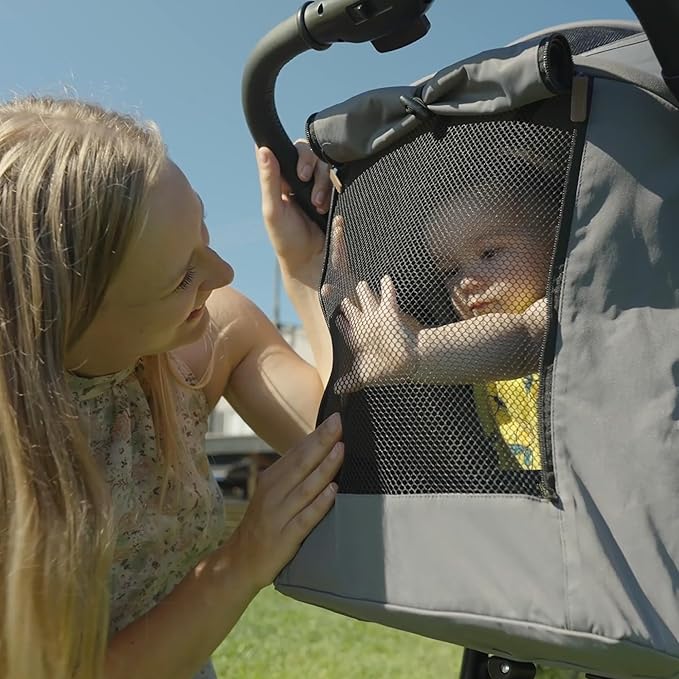 Mompush Nova Baby Stroller for Toddler, Infant & Newborn | Spacious Seat & Lie-Flat Mode | Compact One-Hand Fold, UPF 50+ Canopy & All-Wheel Suspension | Includes Rain Cover & Cup Holder, Grey
