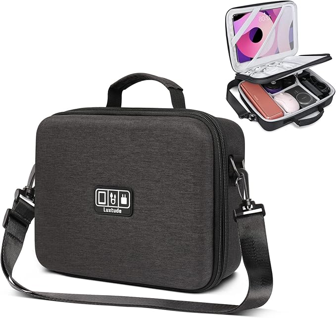 Luxtude Electronic Organizer Travel Case Large, Hard Case for Electronics, EVA Tech Organizers, Travel Cable Bag with Shoulder Strap, Charger Organizers Carrying Cases for iPad(Up to 11’’)