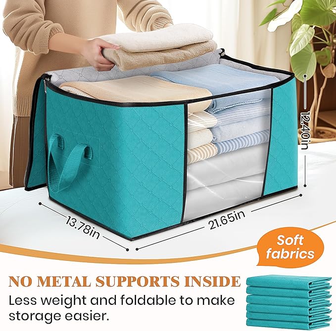 Fab totes 4 Pack Clothes Storage, Foldable Thick Fabric Blanket Storage Bags, Containers for Organizing Bedroom, Closet, Clothing, Comforter,Closet Organization with Handle,Green