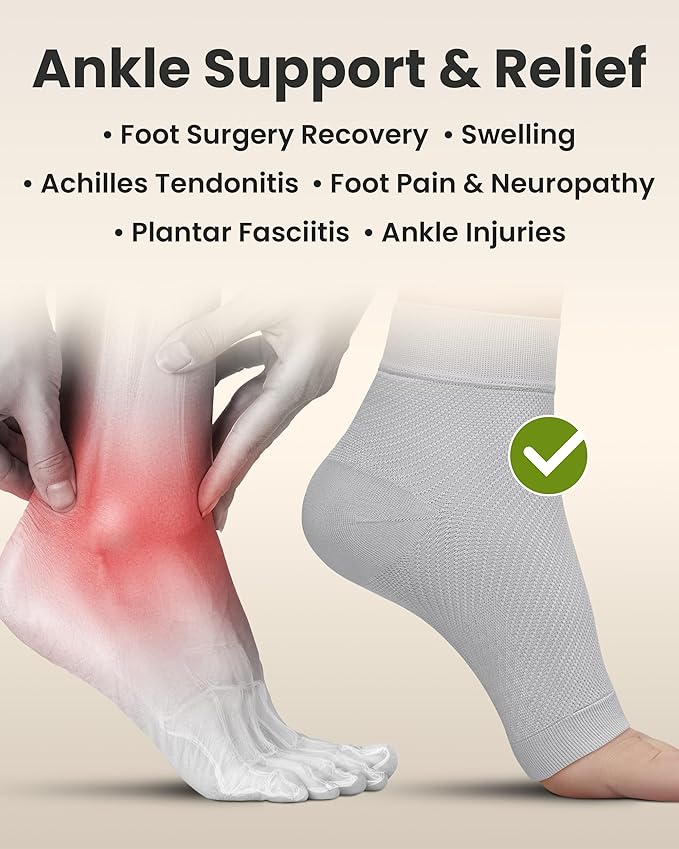 KEMFORD Ankle Compression Sleeve - Plantar Fasciitis Braces - Open Toe Compression Socks for Swelling, Sprain, Neuropathy, Foot Arch Support for Men and Women - 20-30mmhg, 2XL, Grey