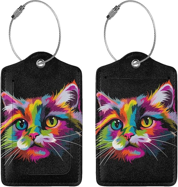 Cat Leather Luggage Tag with Stainless Steel Ring, Fun Name Id Card Cover Travel Bag Tag Set, Suitable for Travel Bag Luggage Women Men 4 PCS