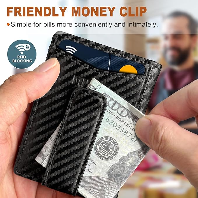 Airtag Wallet for Men- with Money Clip Gift Boxed, Magnetic Closure Slim Genuine Leather Front Pocket Wallet, 4.1"x 2.8", RFID Blocking