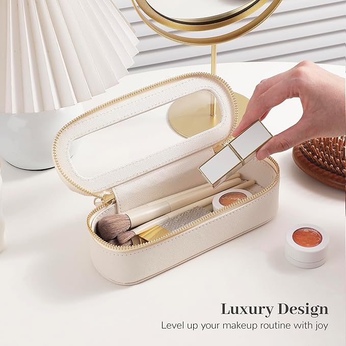 Aveniee Slim Clear Makeup Brush Bag, Small Cosmetic Brush Holder, Mini Toiletry Bag Travel Case for Women, Thin Make up Bags with Dual Zipper, Cute Travel Essentials Bag Organize - White