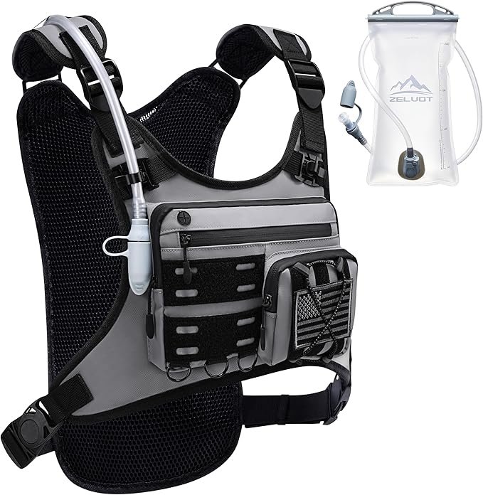 Running Vest with 2L Water Bladder, USA Original Patent, Lightweight Adjustable Chest Pack with Pistol Holster, Reflective Running Hydration Vest for Women Men for Marathon