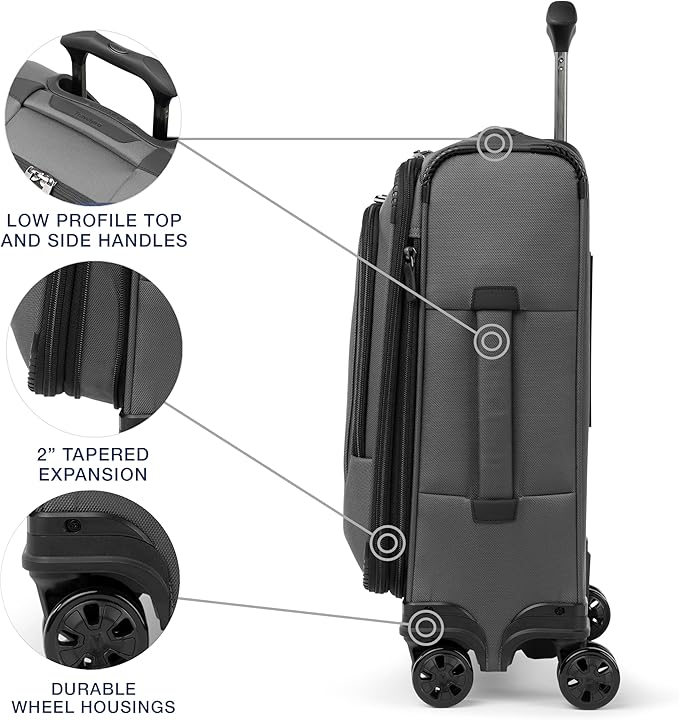 Travelpro Crew Classic Lightweight Softside Expandable Carry on Luggage, 8 Wheel Spinner Suitcase, Men and Women, Compact Carry On 20-Inch, Titanium Grey