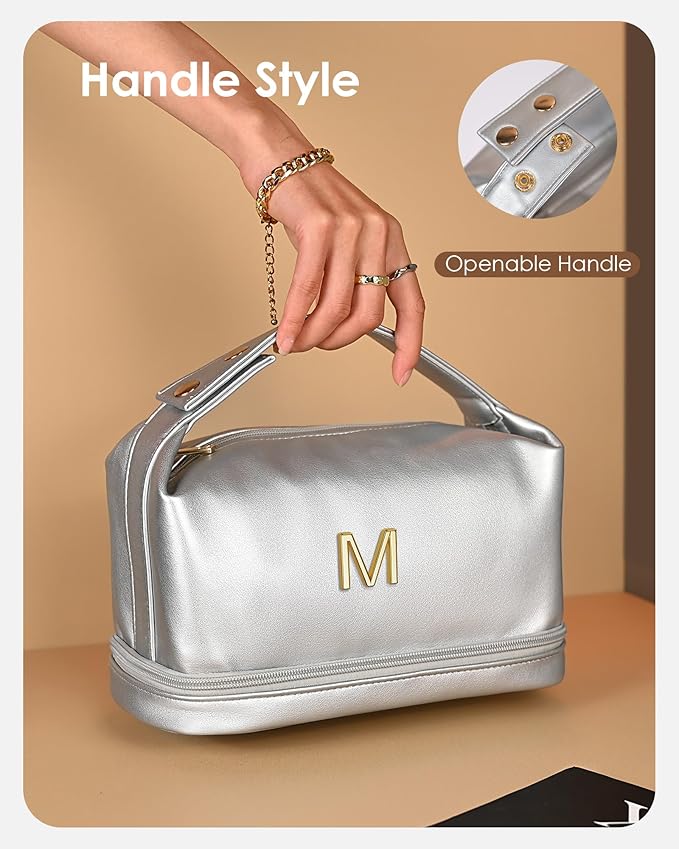 College Gifts for Women, Personalized Makeup Bag with Handle, Initial Double Layer Cosmetic Bag with Makeup Brush Organizer, Cute Cosmetic Pouch for Women, Gifts for Friends Female Mom