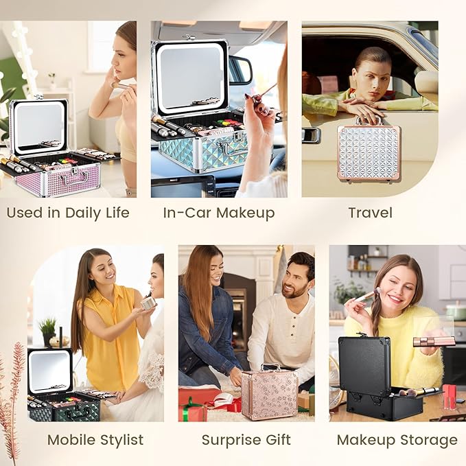 Makeup Case with Magnetic Lighted Mirror Cosmetic Train Box Detachable LED Mirror Adjustable Brightness in 3 Colors Waterproof Storage Organizer Artist Suitcase with Dividers Brush Holder, Rose Gold
