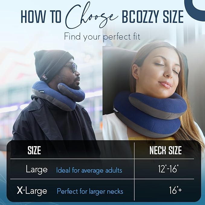 BCOZZY Travel Neck Pillow for Airplane – Patented Double Support for Head, Neck, and Chin. Best for Long Flights, Plane Sleeping & Car Rides. Adjustable Size. Fully Washable. Carry Bag. X-Large, Black