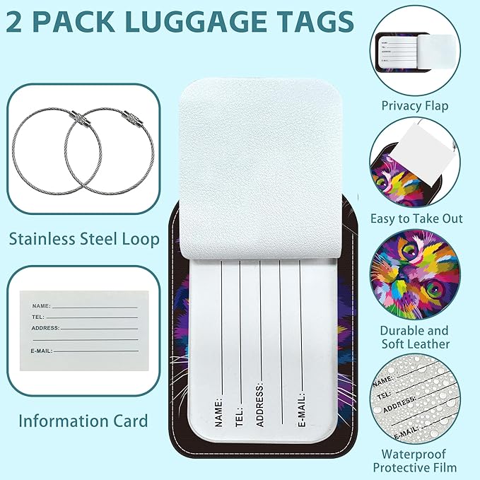 Colorful Cat Luggage Tag for Suitcase Set of 2 PU Leather Cute Luggage Tags with Stainless Metal Loop ID Label Privacy Flap Suitcase Tags for Women and Men Travel