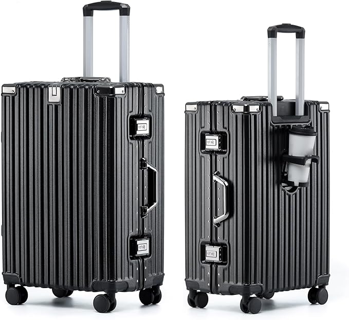 HotWay 26 Inch Aluminum Frame Luggage with Spinner Wheels, PC Hard Shell Suitcase with Cup Holder, Zipperless Luggage for Business Travel, Black