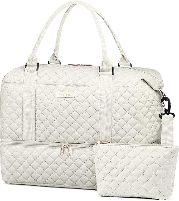 HOTOR Travel Duffel Bag - Weekender Bags for Women, Carry On Overnight Bag with Shoe Compartment, with Toiletry Bag for Travel Essentials and Travel Accessories, Beige, 13.4"×17.3"×7.9"