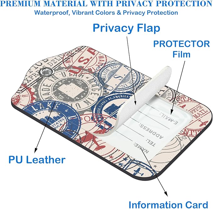 Travel Stamp Luggage Tags for Suitcases Leather Travel Tags for Luggage ID Label with Privacy Cover and Stainless Steel Loop for Men Women Suitcase Backpack, Set of 2