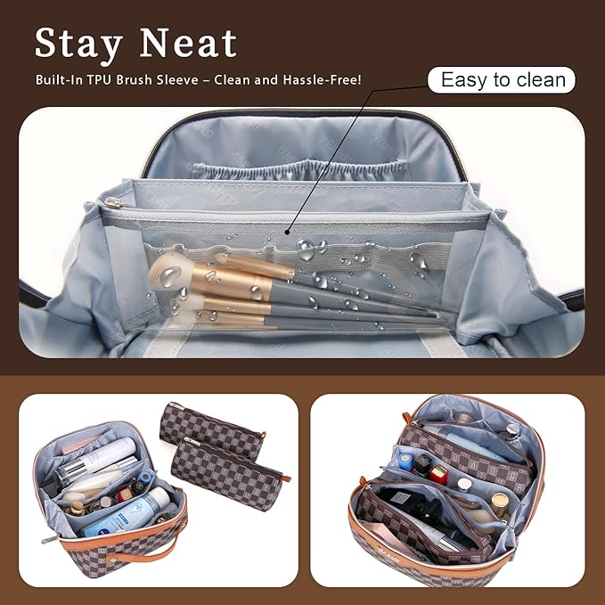 BOYATU Travel Makeup Bag Cosmetic Bags for Women: 3 Pcs Set Portable Make up Bag with Handle - Vegan Leather Toiletry Bags with Compartments - Makeup Organizer for Travel Essentials(02-Brown)