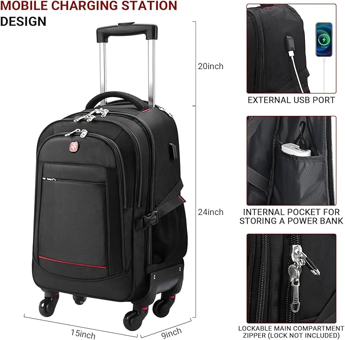 StarCloud 4-Wheel Checked Rolling Backpack 55L (24x15x9in): Extra-Large Roller Travel Laptop Backpack for Business, Water-Resistant Luggage, Backpack with Wheels for Travel and Commuting
