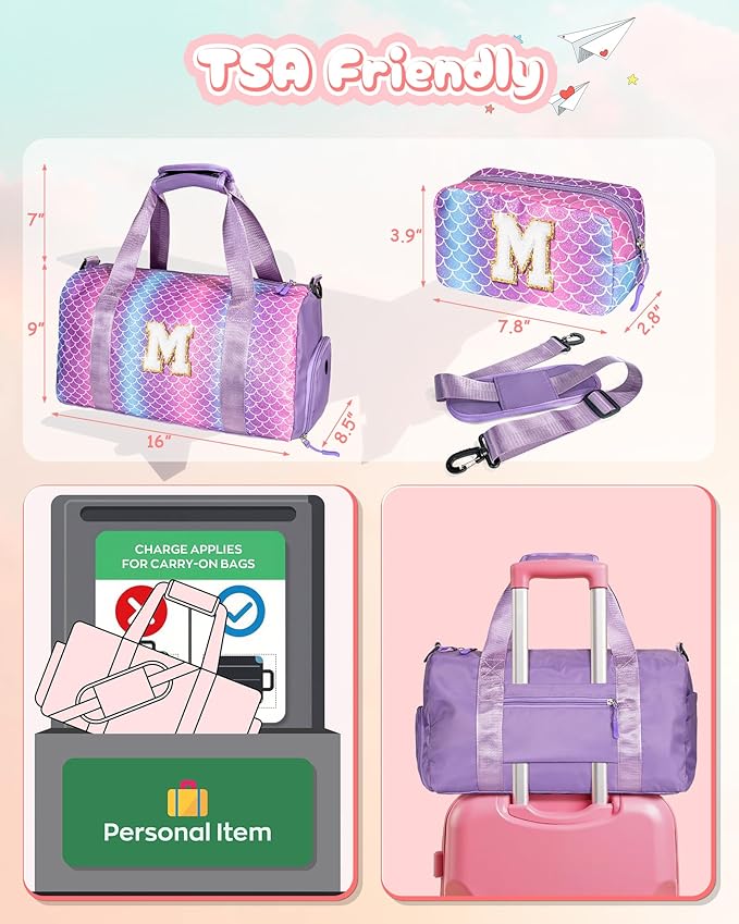 Birthday Gift for Daughter 3-12 Years Old-Girl Gym Bag with Shoe Compartment, Kid Personalized Dance Bags, Initial Travel Tote with Makeup Pouch, Gifts for Granddaughter (Letter A)