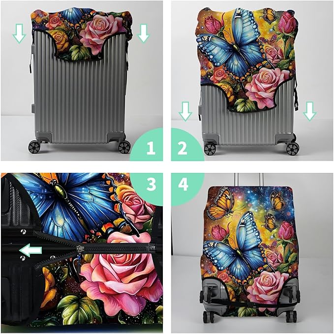 Luggage Cover + Tag, Colorful Rose Butterfly Travel Suitcase Cover for 24 inch Luggage (M) with Concealed Zipper, Washable Elastic Cloth, Dustproof, Anti-Scratch