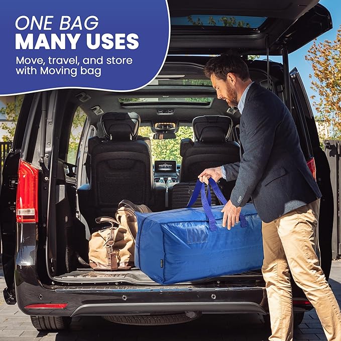 Extra Large Moving Bags - 6-Pack Heavy Duty Storage Duffel - Sturdy Backpack Straps Handles, Zippers - Reusable Moving Storage Bags for Clothes - Folding Collapsible Storage Tote Bag Set – Blue