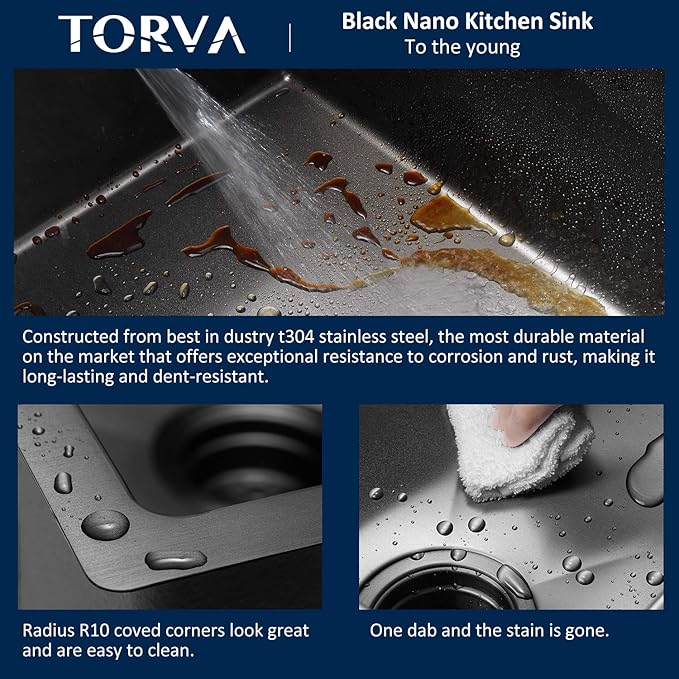 TORVA 30 x 18 Inch Black Ceramic Coating with NanoTek Undermount Kitchen Sink, PVD Coated Gunmetal Sink,16 Gauge Stainless Steel Wet Bar or Prep Sinks Single Bowl,Dark Grey