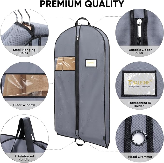 BALEINE 2PK Heavy Duty Garment Bag with Shoe Storage Travel Bag for Dresses, Suit, Coats Travel Essential (60", Grey)