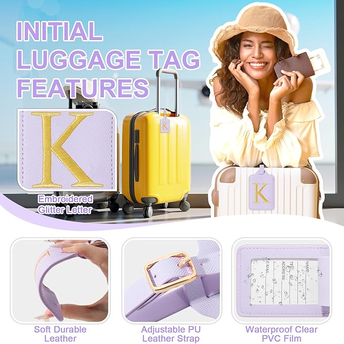 Personalized Initial Luggage Tags for Suitcase, Purple Leather Cute Luggage Tags with Privacy Cover Name Card, Embroidered Custom Monogrammed Luggage Tag Travel Backpack Tags Gifts for Women Kids(K)