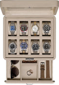 ROTHWELL 8 Slot Leather Watch Box with Valet Drawer - Luxury Case Display Jewelry Organizer, Locking Display Case Holder with Real Glass Top - Watch Box Organizer for Men & Women (Oatmeal)