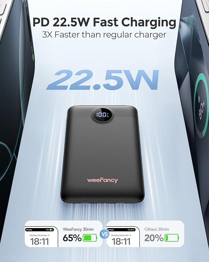 Mini Portable Charger with Built-in Cables 22.5W Fast Charging Power Bank USB-C Small Battery Pack 10000mAh Travel Essential Slim Battery for iPhone 16/15/14, Samsung 25/24, and More