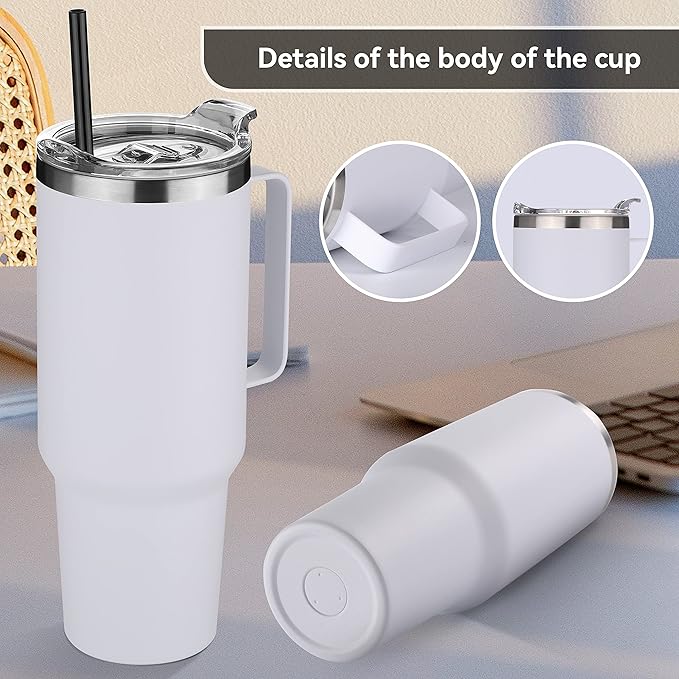 HASLE OUTFITTERS 40 oz Stainless Steel Tumbler with Handle, Vacuum Insulated Tumblers Bulk, Reusable Double Wall Travel Coffee Mug, Durable Powder Coated Water Bottles(White, 8)