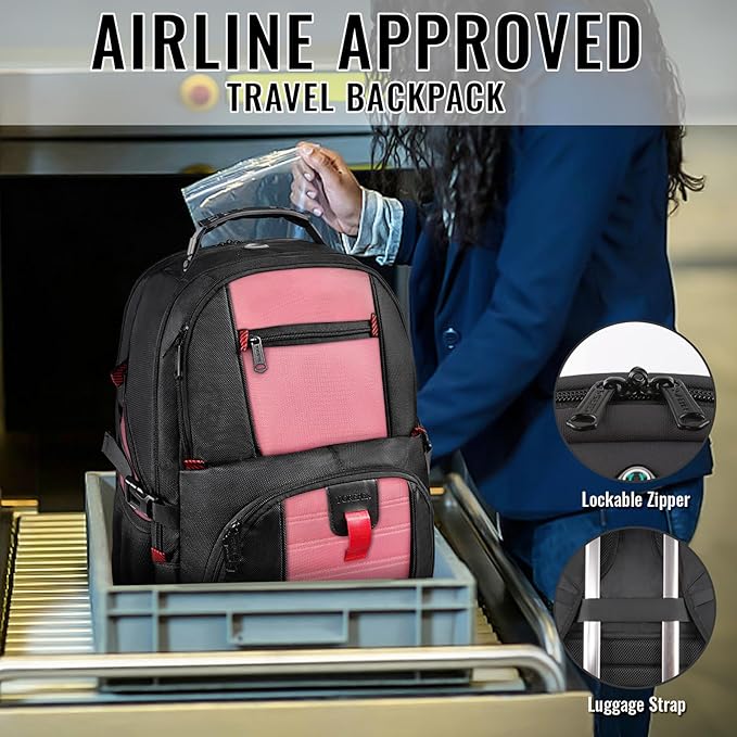 YOREPEK Travel Backpack, Extra Large 50L Laptop Backpacks for Men Women, Water Resistant College Backpack Airline Approved Business Work Bag with USB Charging Port Fits 17 Inch Computers, Pink