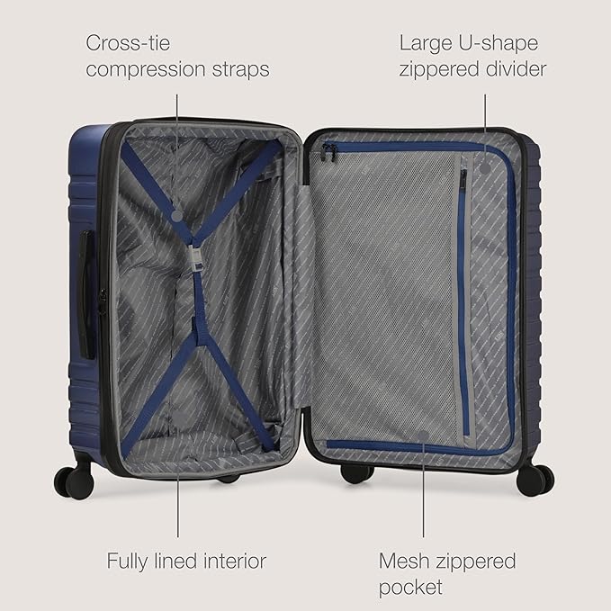 U.S. Traveler Boren Polycarbonate Hardside Rugged Travel Suitcase Luggage with 8 Spinner Wheels, Aluminum Handle, Navy, 3-Piece Set, USB Port in Carry-On