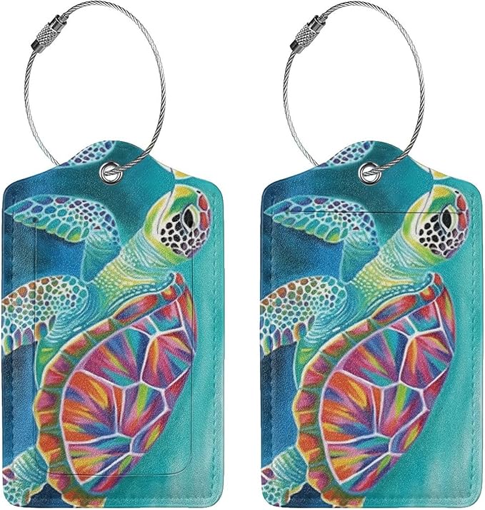 Sea Turtle Leather Luggage Tag with Stainless Steel Ring, Fun Name Id Card Cover Travel Bag Tag Set, Suitable for Travel Bag Luggage Women Men 4 PCS