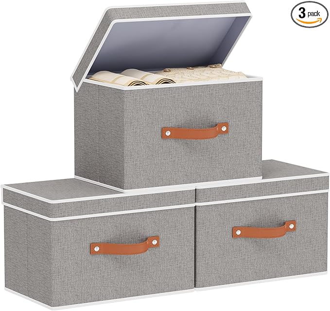 Collapsible Storage Bins with Lids, 3 Pack Linen Foldable Cloth Baskets, 15 x 9.8 x 9.8 Inch Closet Organizer Containers with Double Handles, Sweater Boxes for Bedroom, Grey