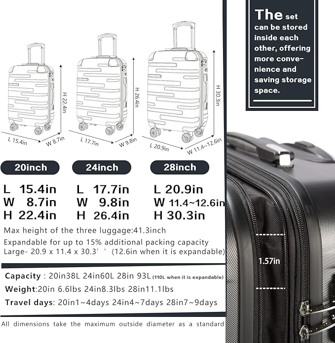 Coolife Luggage Expandable(only 28") Suitcase 3 Piece Set with TSA Lock Spinner 20in24in28in (lake blue)